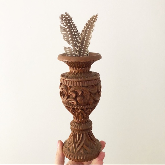 Vintage Carved Wood Vase Boho Shelf Decor